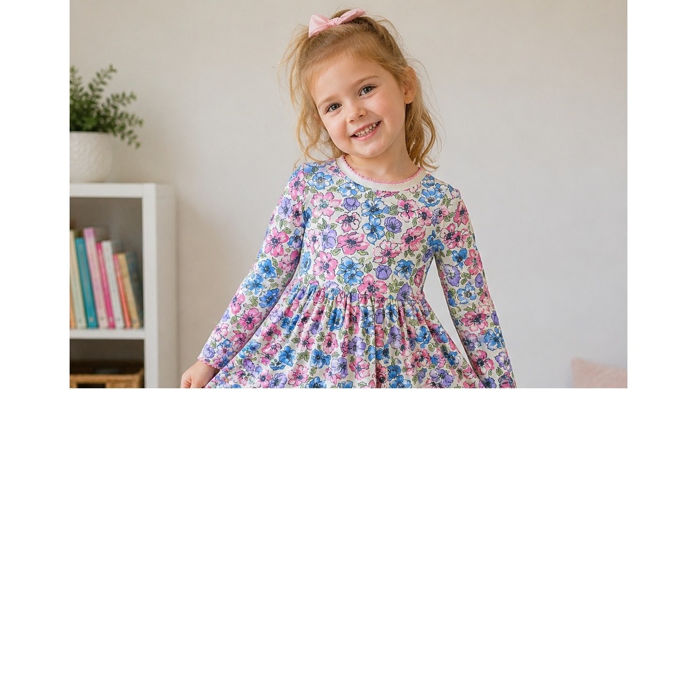 Rachel Riley Dress Floral Pink Blue Purple Cotton Jersey Long Sleeve 3Y